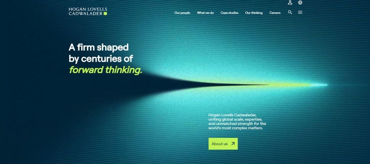 Blue gradient hero banner with Hogan Lovells Cadwalder logo and the slogan “A firm shaped by centuries of forward thinking.”