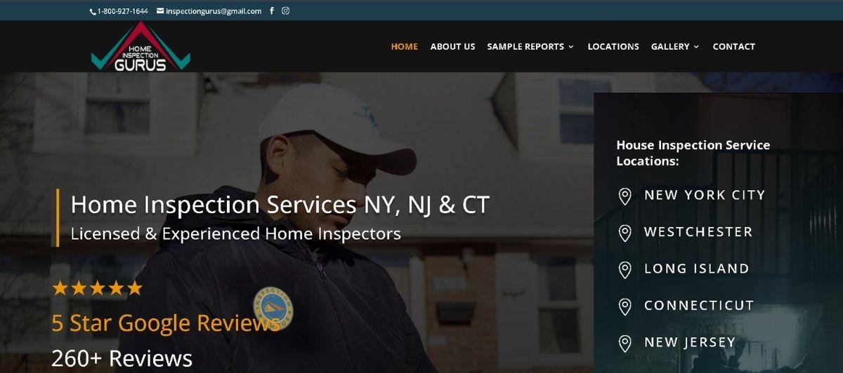 Hero banner for Home Inspection Gurus showing an inspector in uniform in front of a house, with the headline 'Home Inspection Services NY, NJ & CT' and a translucent panel listing locations: New York City, Westchester, Long Island, Connecticut, New Jersey.
