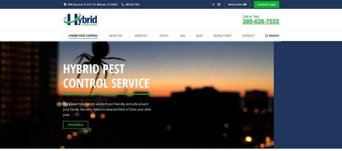 Hero banner for Hybrid Pest Control with a sunset city skyline and large white text 'HYBRID PEST CONTROL SERVICE'.