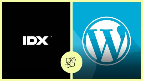 Left panel shows the IDX logo on a black background and right panel shows the WordPress logo on a blue gradient, with a yellow divider and a circular gear icon in the center—illustrating a platform comparison.