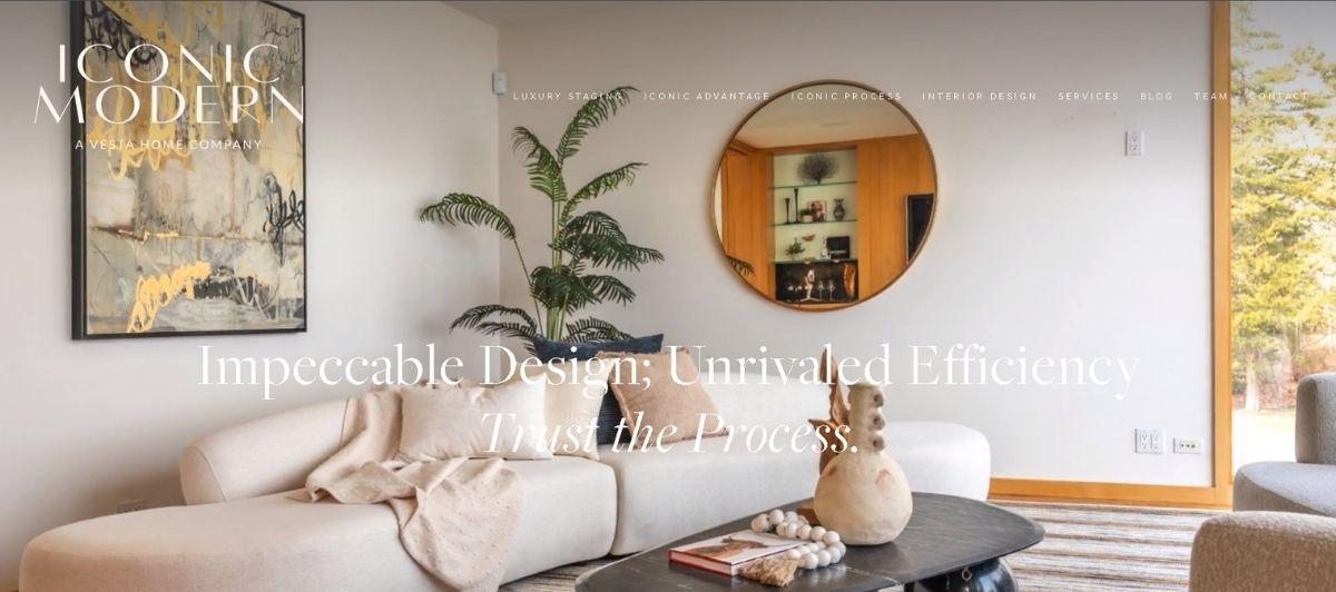 Hero: modern living room with round mirror, potted plant, and beige sofa; Iconic Modern branding in the corner with a white headline overlay.