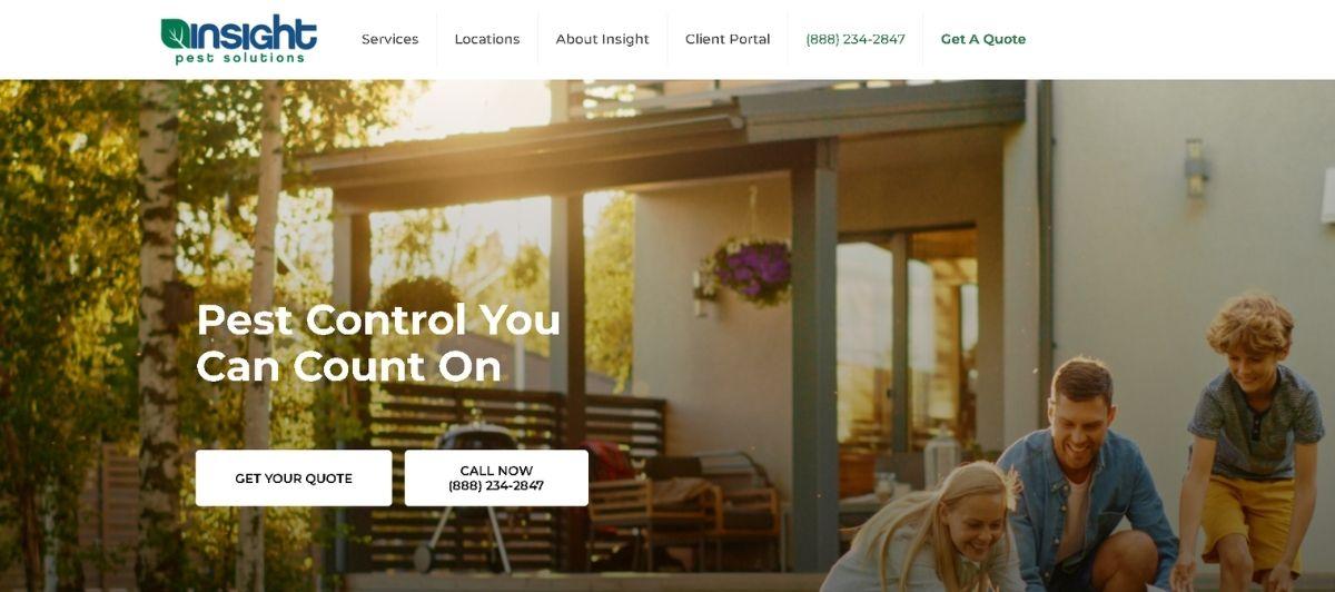 Hero banner for Insight Pest Solutions: a happy family in a backyard with the headline 'Pest Control You Can Count On' and two CTAs 'Get Your Quote' and 'Call Now'