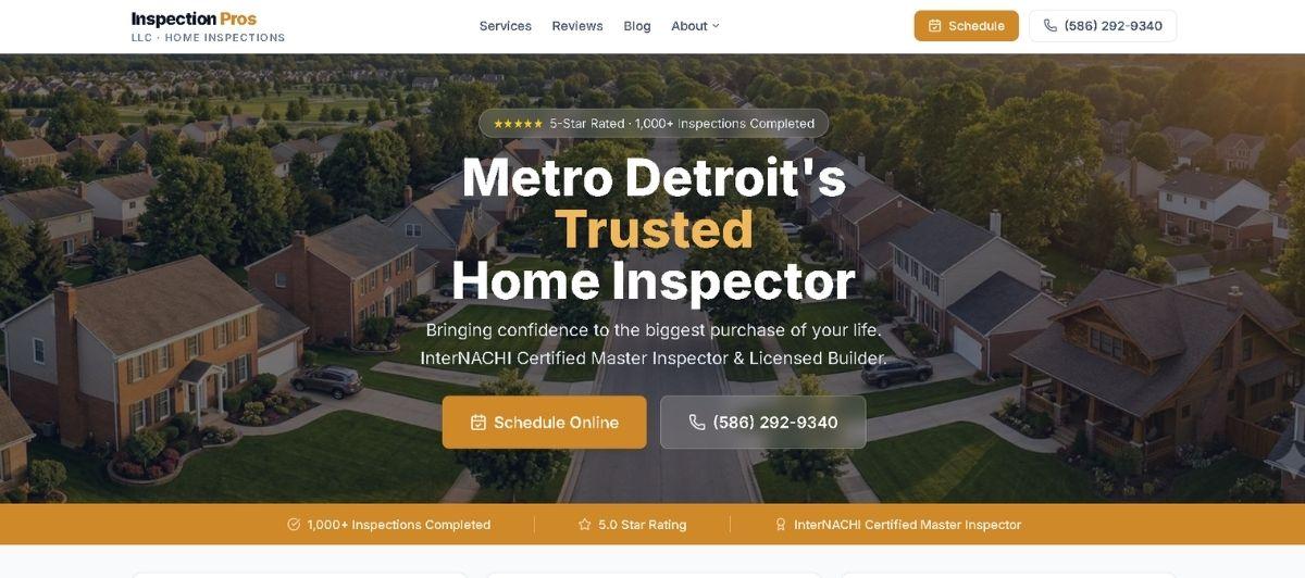 Hero banner with an aerial view of a Detroit suburb; large text proclaims 'Metro Detroit's Trusted Home Inspector' and features 'Schedule Online' and phone buttons, signaling a trusted home inspection service.