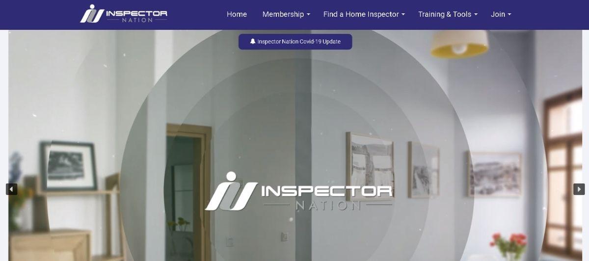 Hero image showing an office interior with framed photos on the wall, a doorway, and a large circular translucent logo of Inspector Nation centered in front of the scene.