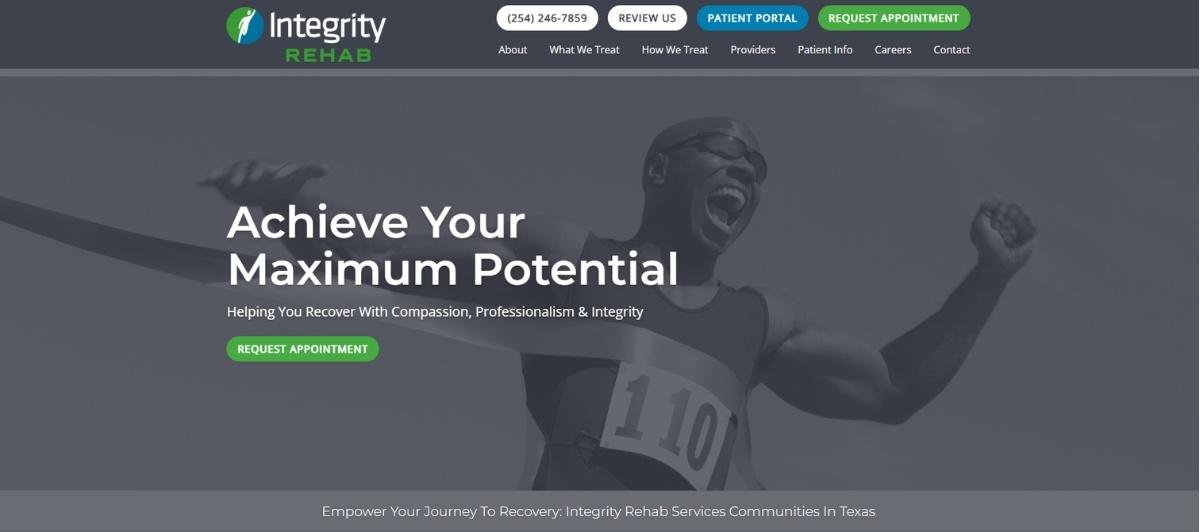 Hero banner with a jubilant athlete raising arms; title 'Achieve Your Maximum Potential' and a green 'Request Appointment' button.