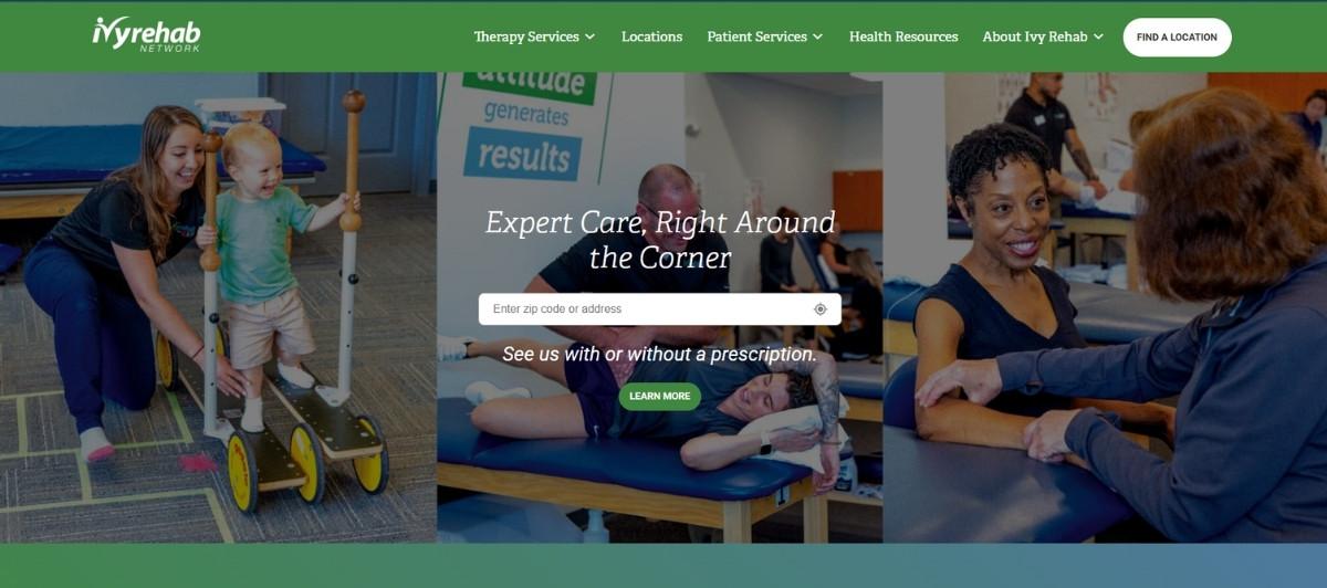 Hero banner: therapists helping a toddler with a walker, a patient on a treatment table, and a therapist greeting a client.