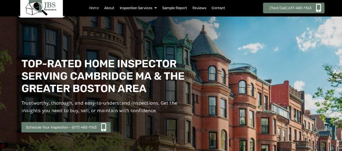 Hero banner for a home inspection service showing brick Cambridge/Boston townhouses with the headline: 'Top-rated home inspector serving Cambridge MA & the Greater Boston Area' and a 'Schedule Your Inspection' CTA button.