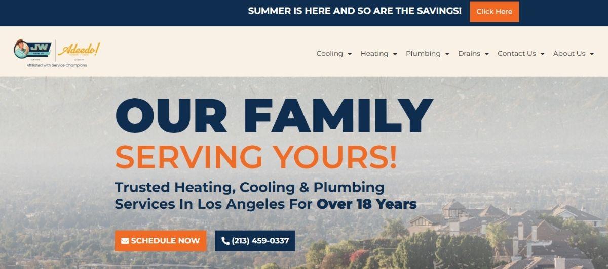 Hero banner announcing 'OUR FAMILY SERVING YOURS!' with subheading about heating, cooling & plumbing services in Los Angeles; includes Schedule Now and phone buttons.
