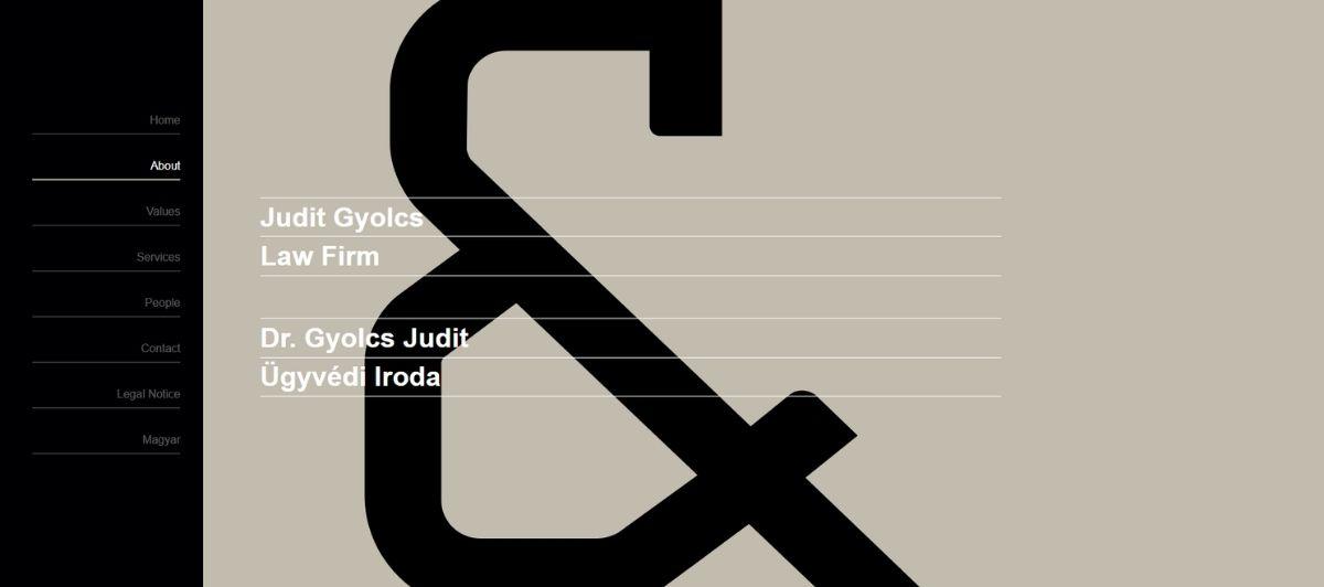 Hero header for a law firm: oversized black ampersand on beige background with a left dark navigation rail and two lines of white text reading 'Judit Gyolcs Law Firm' and 'Dr. Gyolcs Judit Ügyvédi Iroda'