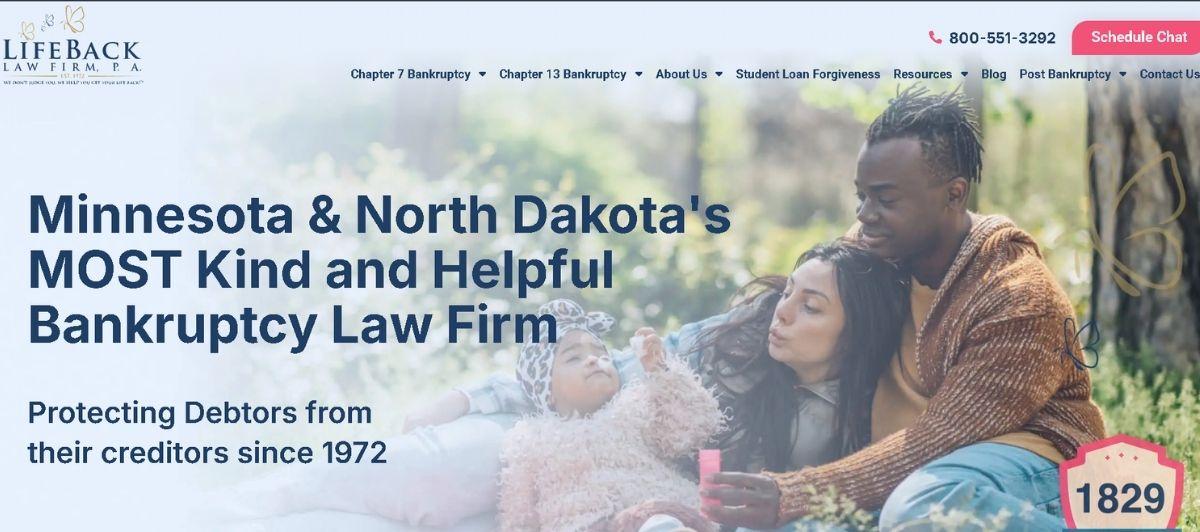 LifeBack Law Firm hero: a happy family outdoors with a large bold headline about compassionate bankruptcy help since 1972.