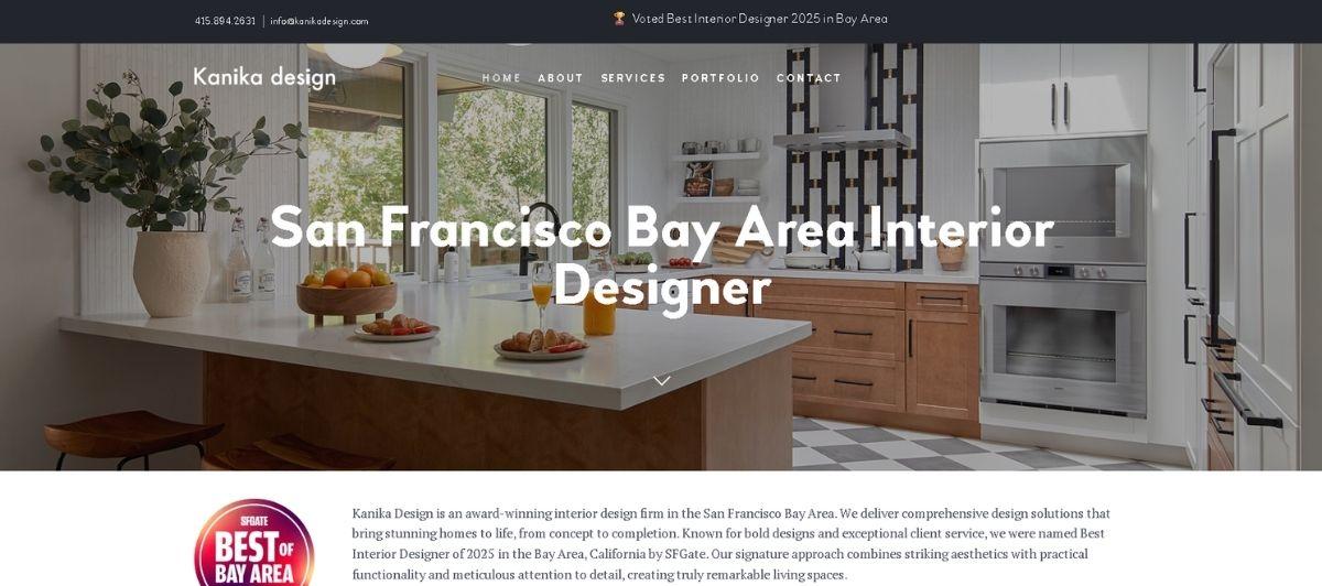 Hero image of a modern kitchen with an island and white countertops; large overlay text reads 'San Francisco Bay Area Interior Designer'.