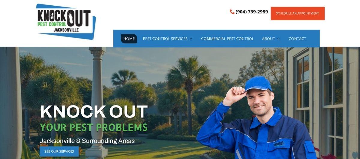 Hero image of a pest-control technician in a blue uniform outside a home, with the overlay text 'KNOCK OUT YOUR PEST PROBLEMS' and 'Jacksonville & Surrounding Areas'