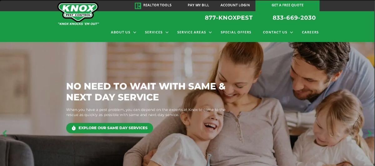 Hero banner on a pest control site showing a smiling family on a sofa, advertising same-day and next-day service (Knox Pest Control).