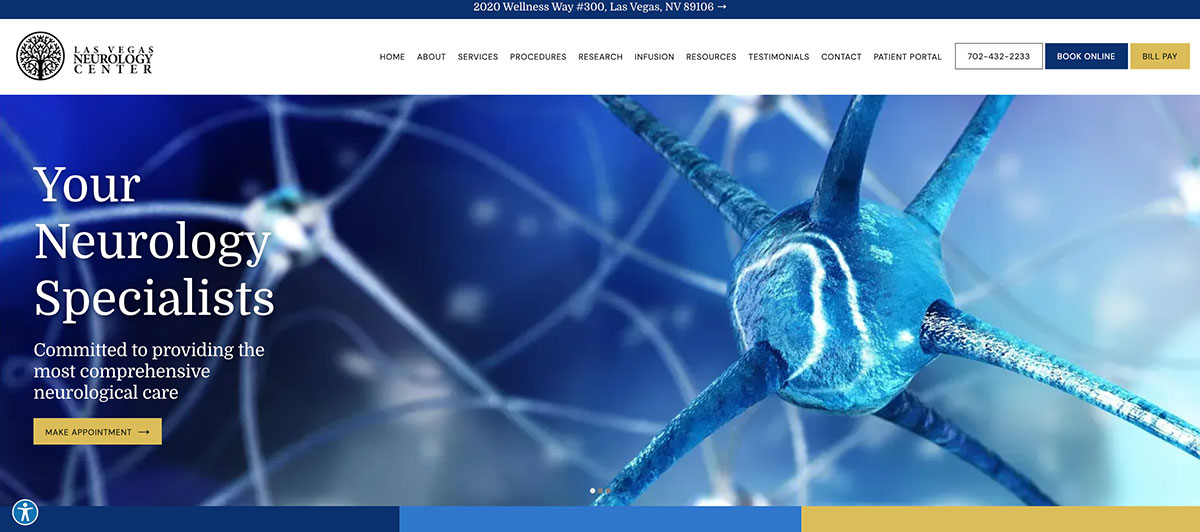 Hero banner for Las Vegas Neurology Center featuring blue neuron artwork, headline 'Your Neurology Specialists' and a 'Make Appointment' button.