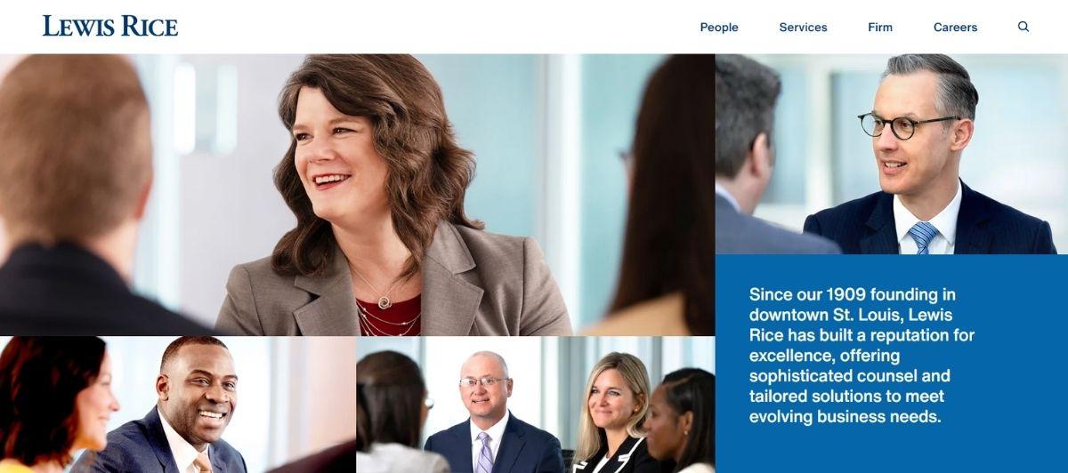 Collage of business professionals in a modern office; blue text panel highlights Lewis Rice firm's history and services.