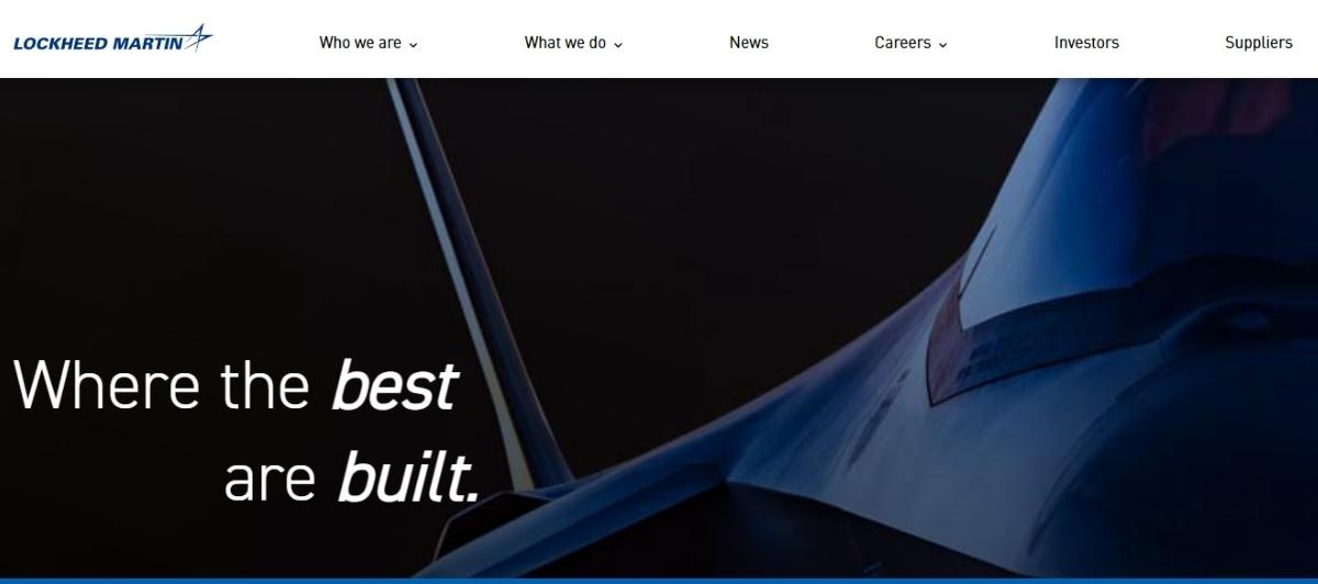 Lockheed Martin homepage hero: a jet fuselage on a dark background with the slogan “Where the best are built.”