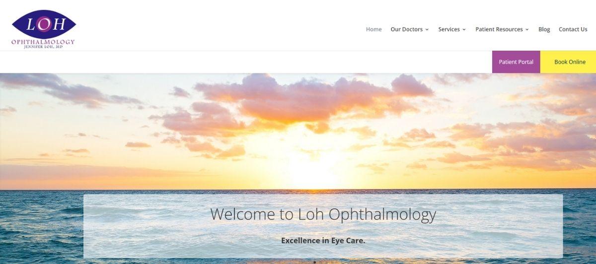 Hero banner: sunset over the ocean with a translucent panel displaying 'Welcome to Loh Ophthalmology' and 'Excellence in Eye Care.'