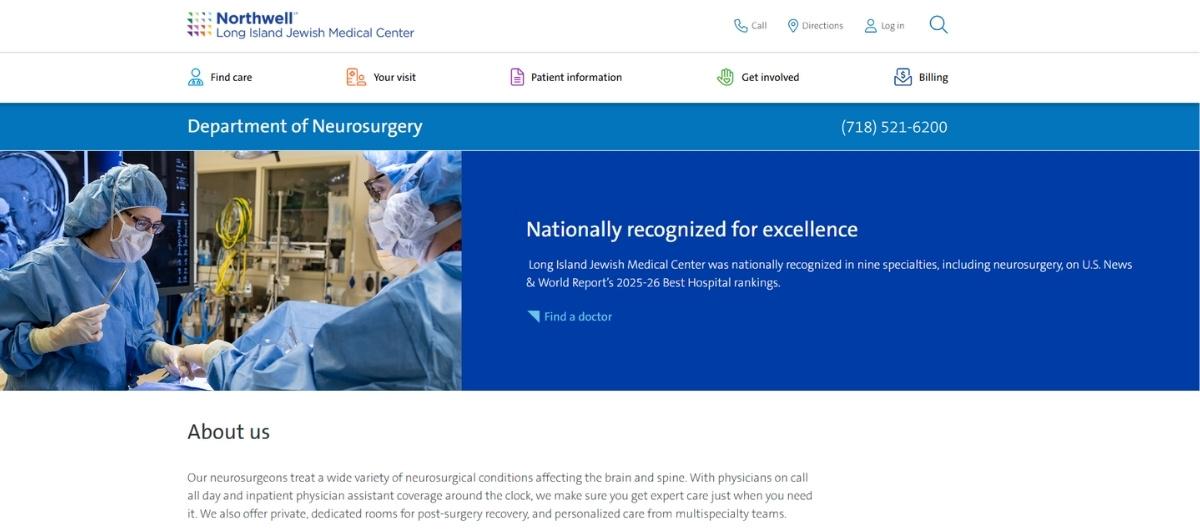Operating room scene with surgeons at work on the left and a blue 'Department of Neurosurgery' banner on the right.