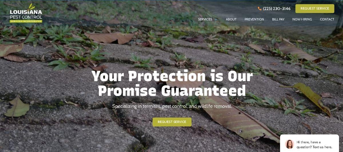 Louisiana Pest Control hero image showing a cracked driveway with fallen leaves; headline reads "Your Protection is Our Promise Guaranteed" with a yellow "Request Service" button below.
