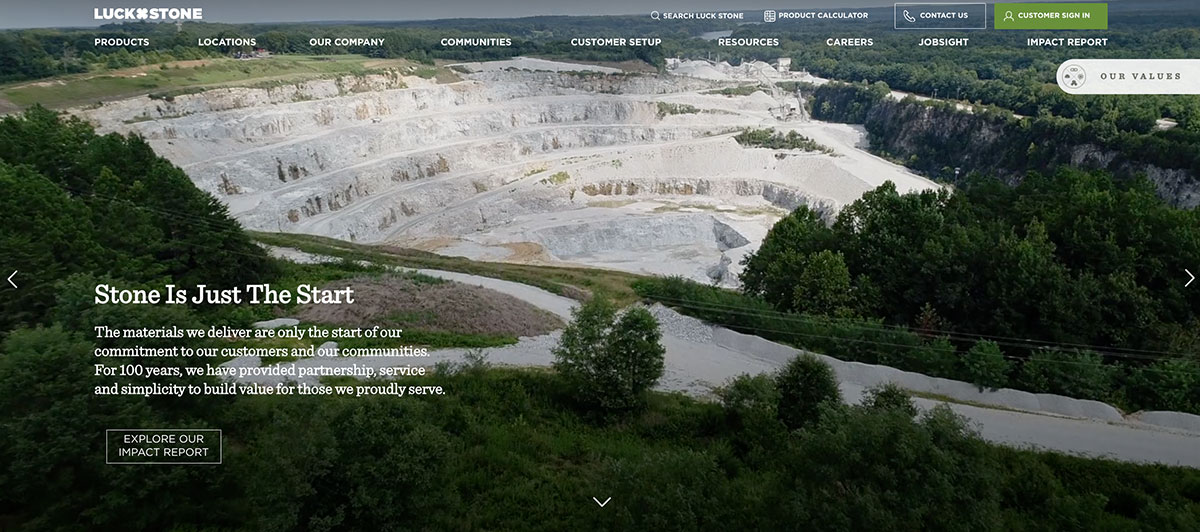 Hero image of a limestone quarry with terraced white rock and surrounding green trees; white overlay text reads 'Stone Is Just The Start' with a brief paragraph and a call-to-action button area.