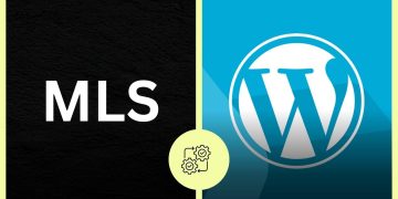 Side-by-side panels showing MLS on the left and WordPress on the right, with a small gear icon circle at the center bottom suggesting automation or integration.