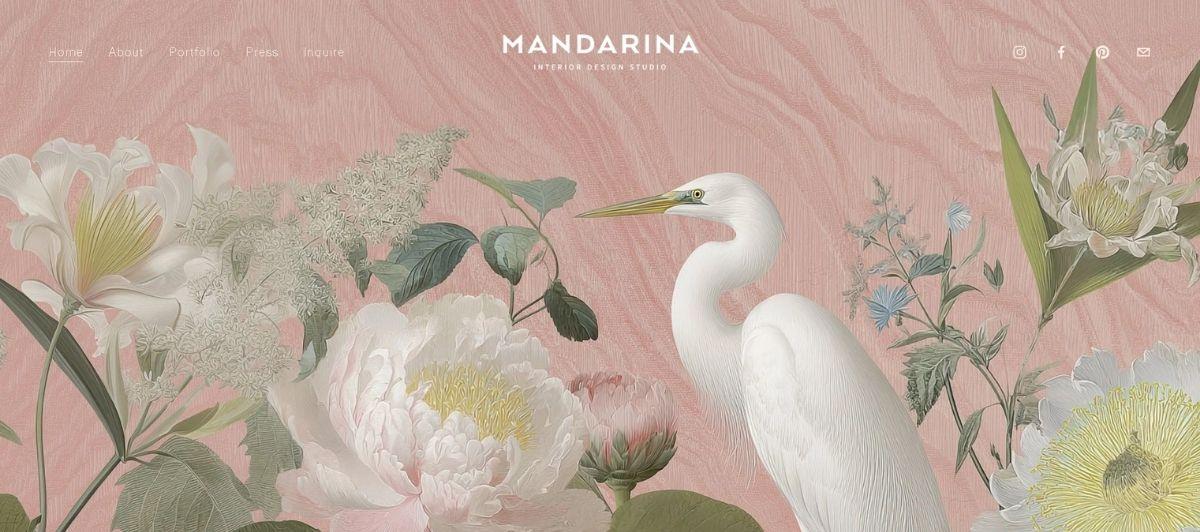 Decorative hero image: pink floral illustration with a white heron, for Mandarina interior design studio site header