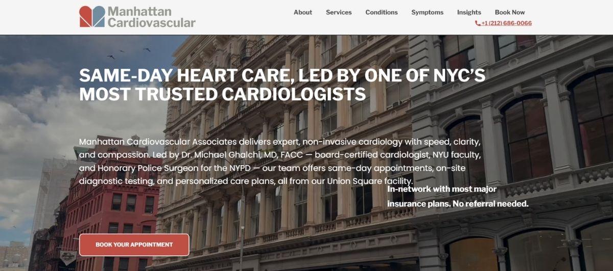 Hero banner for Manhattan Cardiovascular with city street backdrop, large headline about same-day heart care by NYC cardiologists, and a 'Book Your Appointment' button.