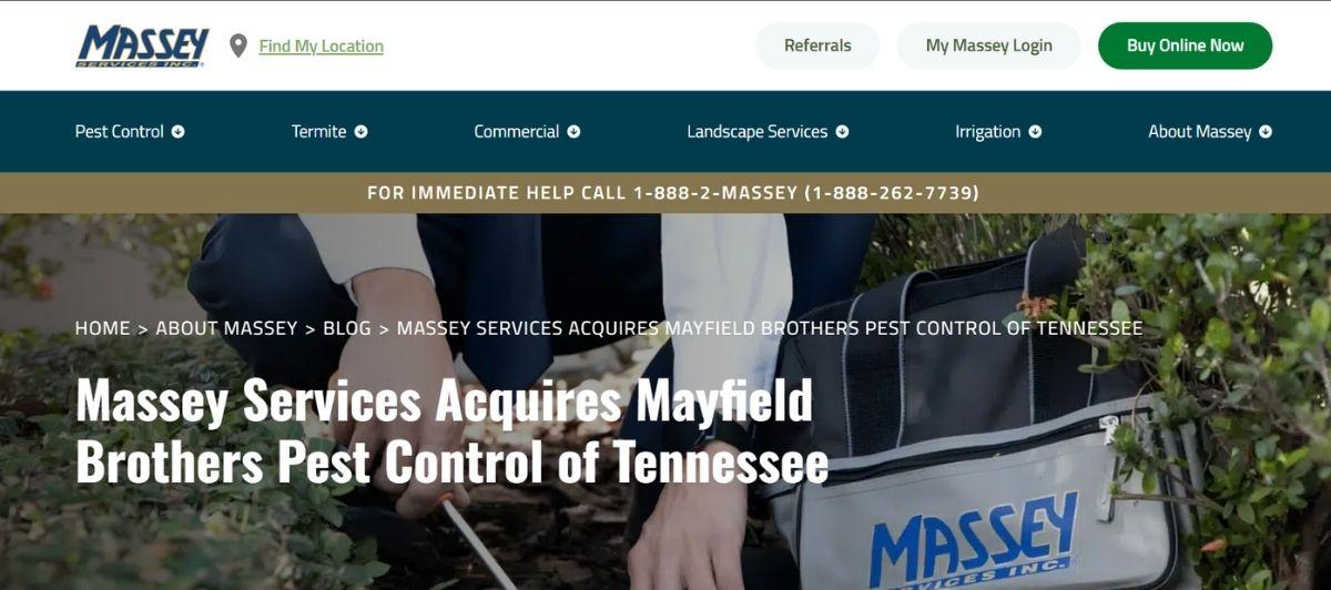 News hero announcing Massey Services' acquisition of Mayfield Brothers Pest Control of Tennessee.