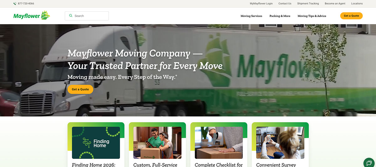 Hero banner for Mayflower Moving Company showing a green-and-white moving truck in the background with the slogan 'Mayflower Moving Company — Your Trusted Partner for Every Move' overlaid and a 'Get a Quote' button.