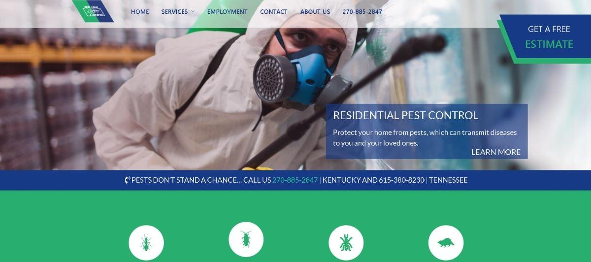 Pest control technician in a protective suit sprays a home, with a blue 'Residential Pest Control' banner on the screen.