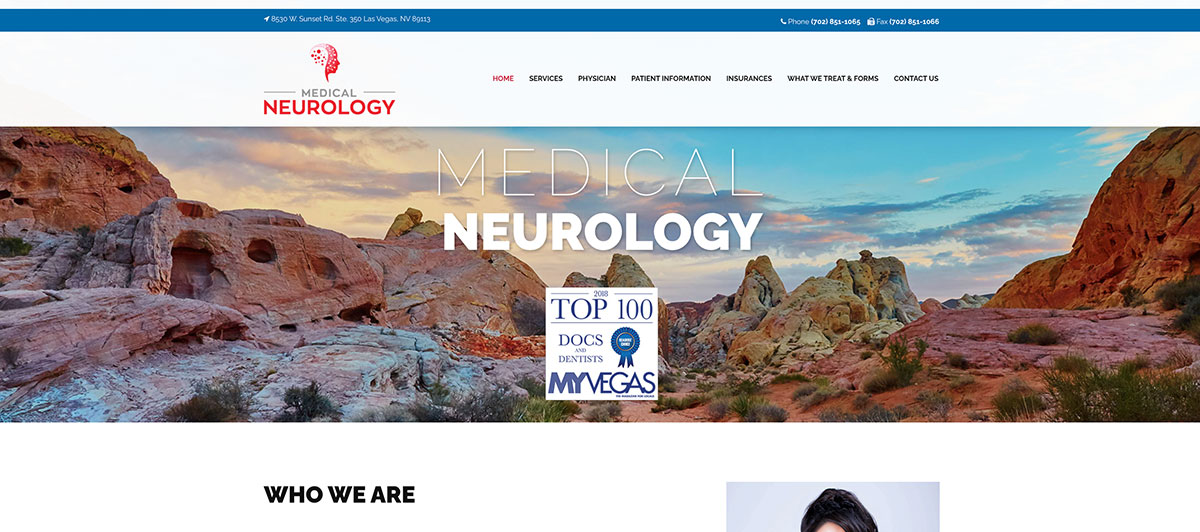 Hero banner for Medical Neurology with desert rock landscape, clinic logo, and a 'Top 100 Doctors' badge, Las Vegas