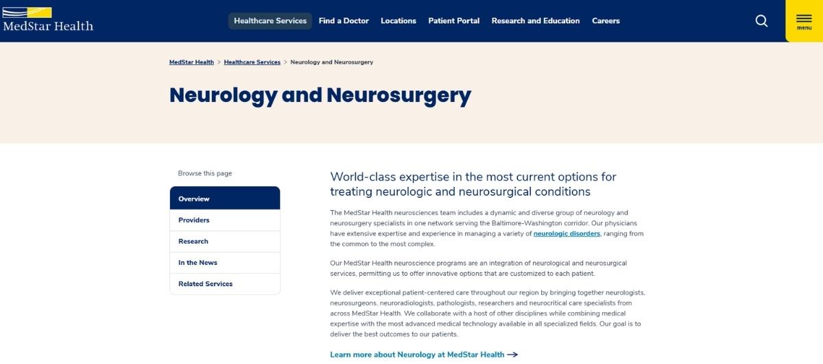 MedStar Health neurology and neurosurgery page with a two-column layout, a left navigation panel labeled Overview, Providers, Research, and a right introductory text section under a large Neurology and Neurosurgery title.