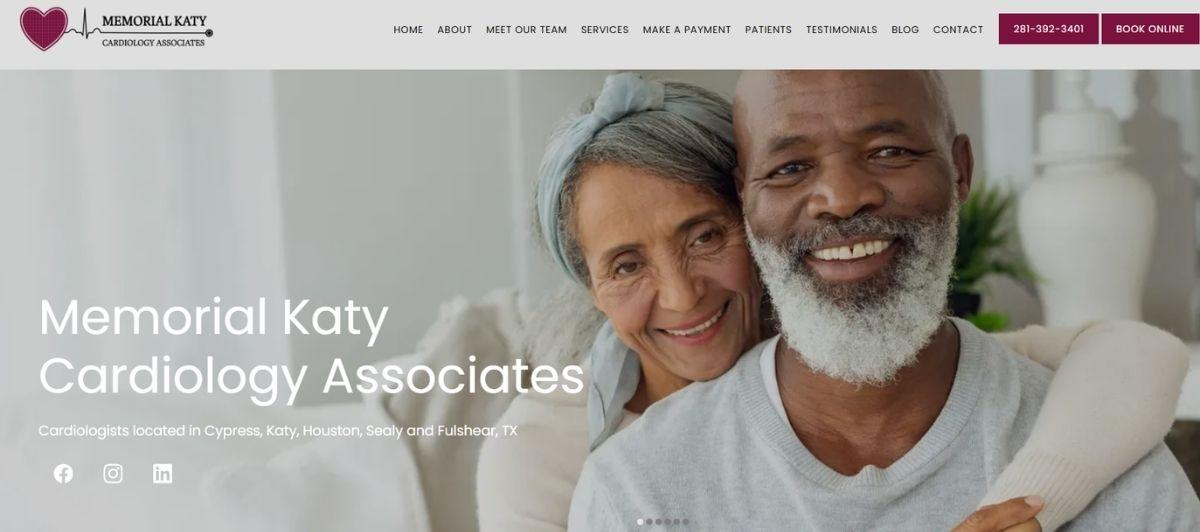 Smiling older couple on a sofa, conveying a welcoming cardiology clinic as a hero image.
