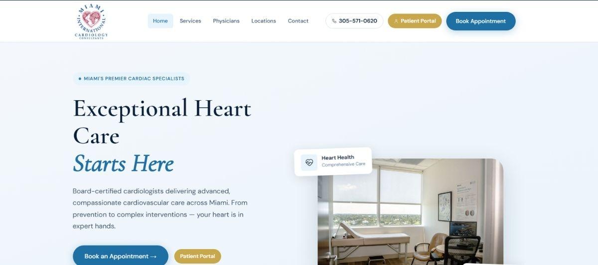 Hero section promoting heart care: 'Exceptional Heart Care Starts Here' with a calm blue background and a clinic examination room image on the right