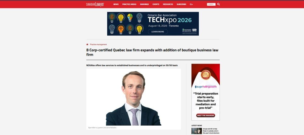 Portrait of a man in a dark suit and tie on a news article page about a Quebec law firm expansion