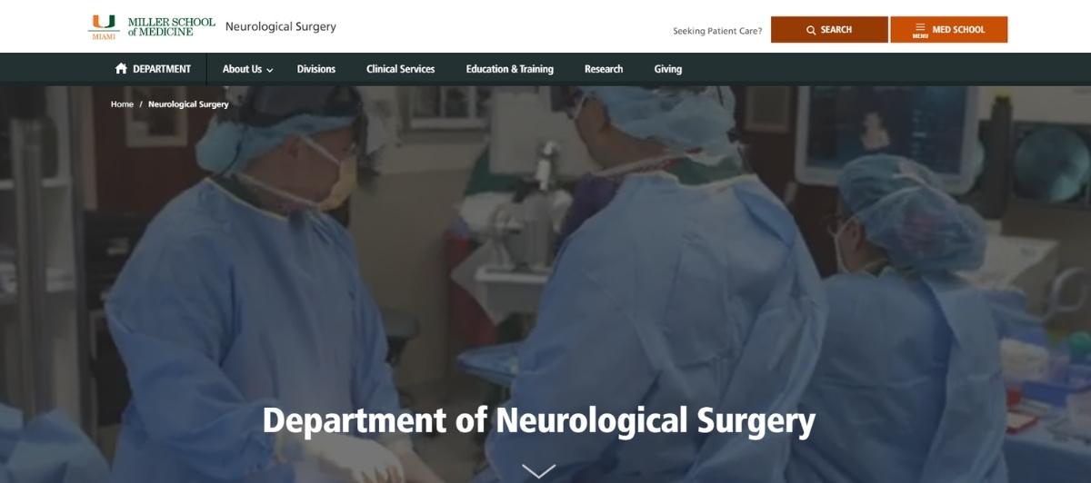 Operating room scene with surgeons in blue gowns and masks performing neurosurgery; department heading reads 'Department of Neurological Surgery'
