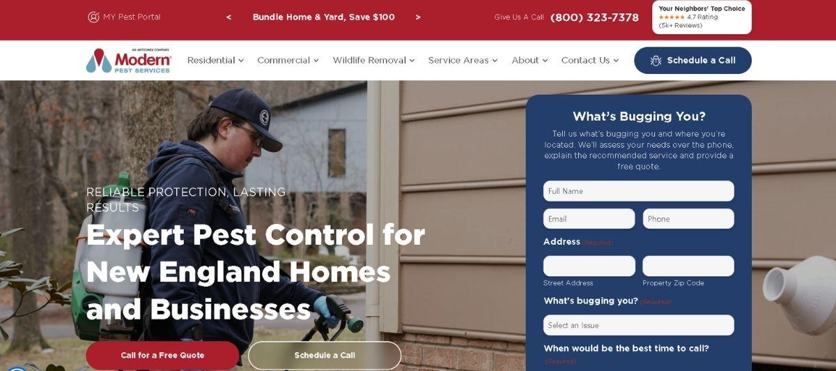 Pest control company hero: technician in uniform with a screening form on the right for a free quote or contact.