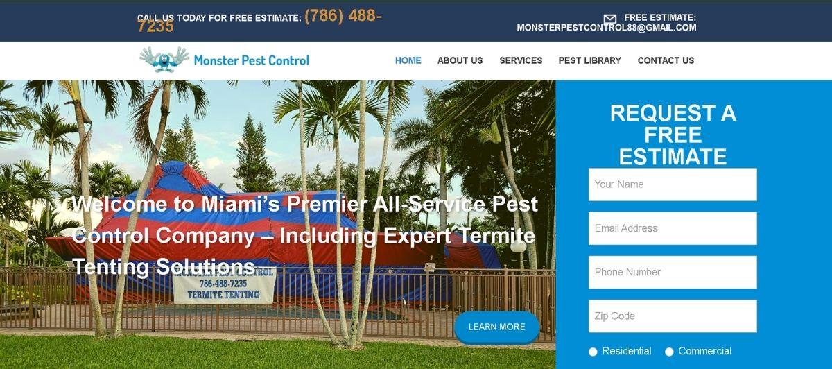 Hero header for Monster Pest Control showing a tropical yard with a red-blue termite tent and overlaid welcome text, plus a blue 'Request a Free Estimate' form on the right.