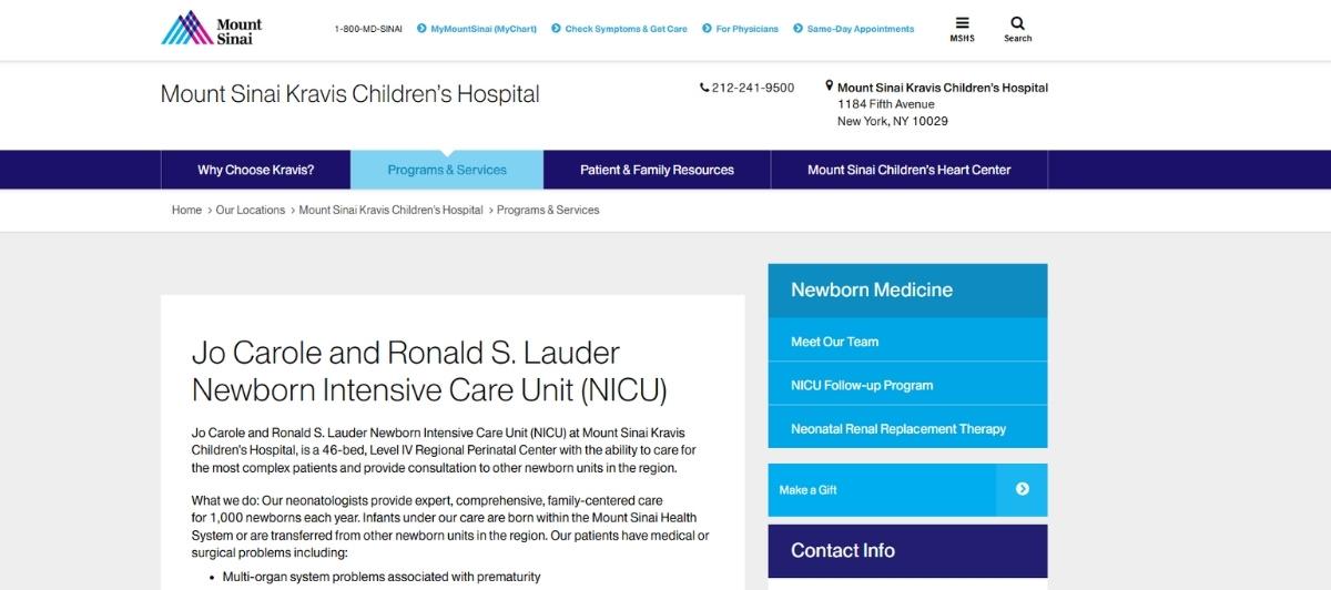 Web page header for Mount Sinai Kravis Children's Hospital; left column shows 'Jo Carole and Ronald S. Lauder Newborn Intensive Care Unit (NICU)' with description, right column features a blue 'Newborn Medicine' panel.