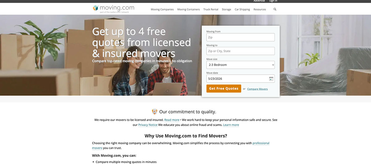 Hero banner with two people and moving boxes; form on the right to get free quotes from licensed, insured movers