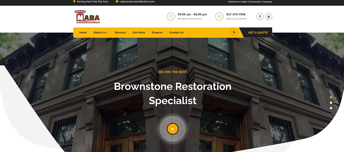 Hero banner for Naba Construction featuring a brownstone building with bold white text 'Brownstone Restoration Specialist' and a central play button.