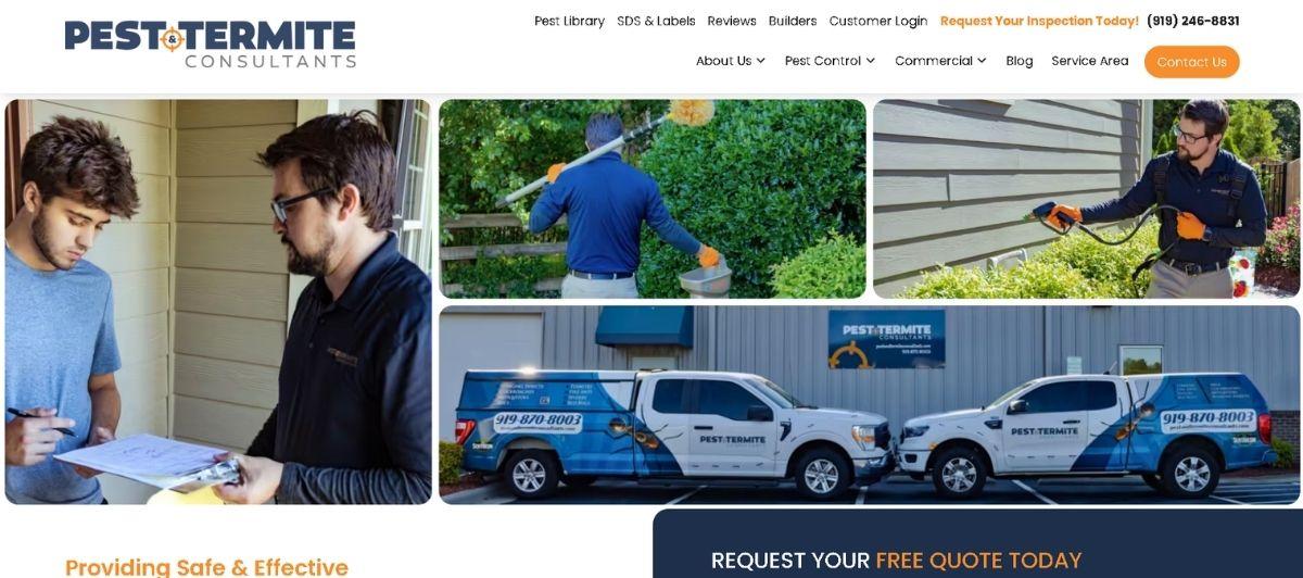 Team of pest control technicians discussing a job at a doorway with clipboards, in front of a beige house. Also shows branded service vans in the foreground.