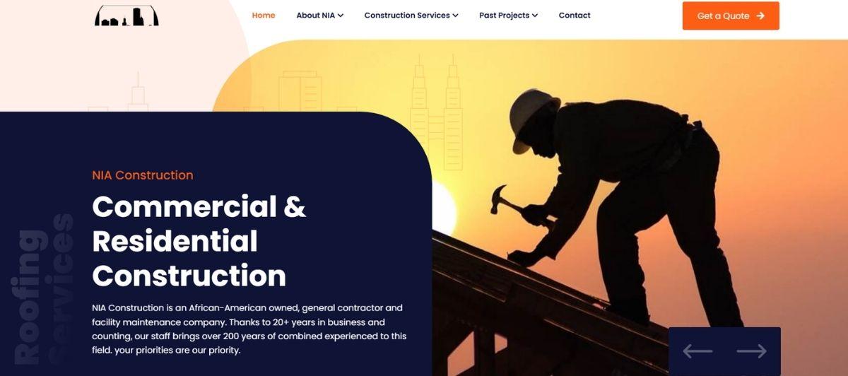 Silhouetted construction worker on a sloped roof at sunset, with a navy rounded panel displaying 'Commercial & Residential Construction' in white text on the left.