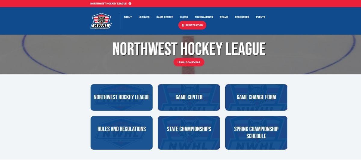 Northwest Hockey League homepage with six blue rounded buttons labeled: Northwest Hockey League, Game Center, Game Change Form, Rules and Regulations, State Championships, Spring Championship Schedule.