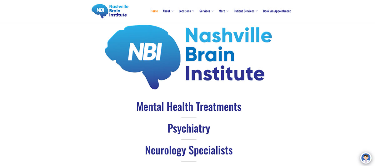 Nashville Brain Institute logo with blue brain graphic and blue text; service headings read Mental Health Treatments, Psychiatry, Neurology Specialists.
