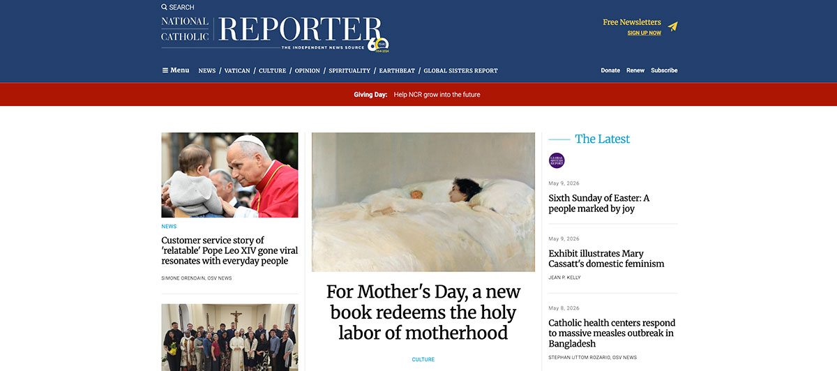 Screenshot of the National Catholic Reporter homepage with a blue header, large central feature about Mother's Day book, and a 'The Latest' sidebar on the right.