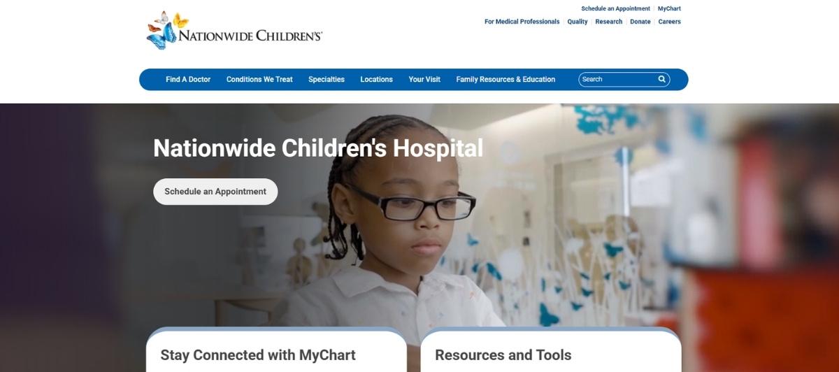 Nationwide Children's Hospital homepage hero showing a young girl with glasses in a clinical setting, with a Schedule an Appointment button in the foreground