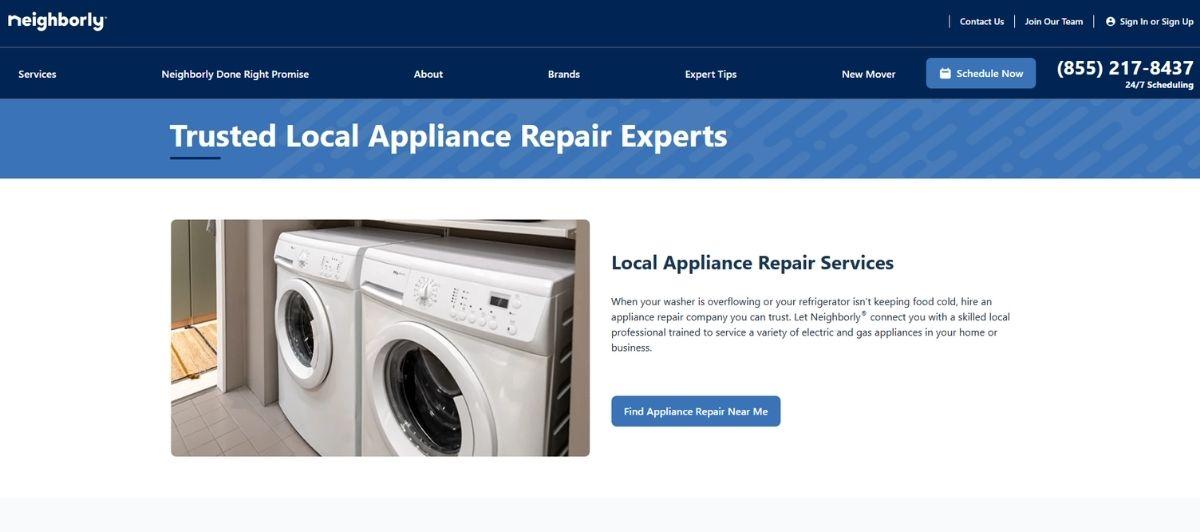 Washer and dryer in a laundry room beside a service blurb titled Local Appliance Repair Services with a Find Appliance Repair Near Me button.