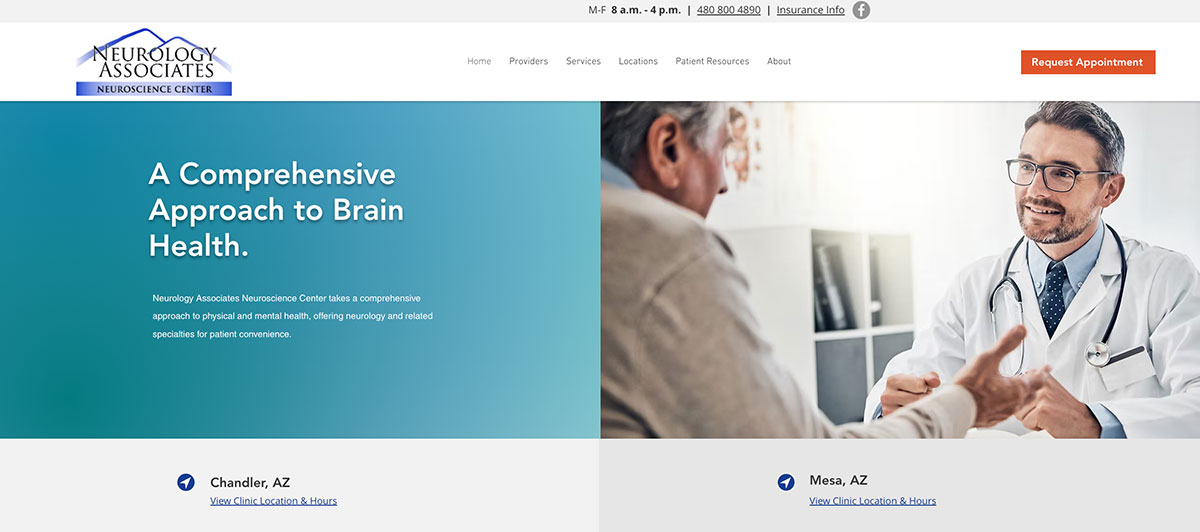 Split-screen hero: teal text panel reads 'A Comprehensive Approach to Brain Health' beside a doctor consulting a patient on the right.