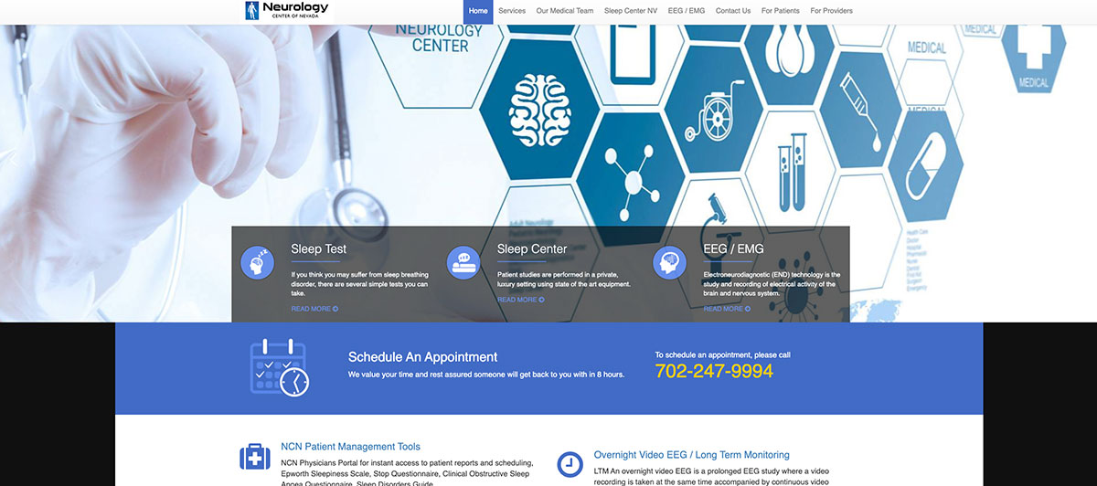 Hero image for a neurology center homepage with hexagonal medical icons and a doctor’s stethoscope in the background, overlaid by a blue Schedule an Appointment banner.